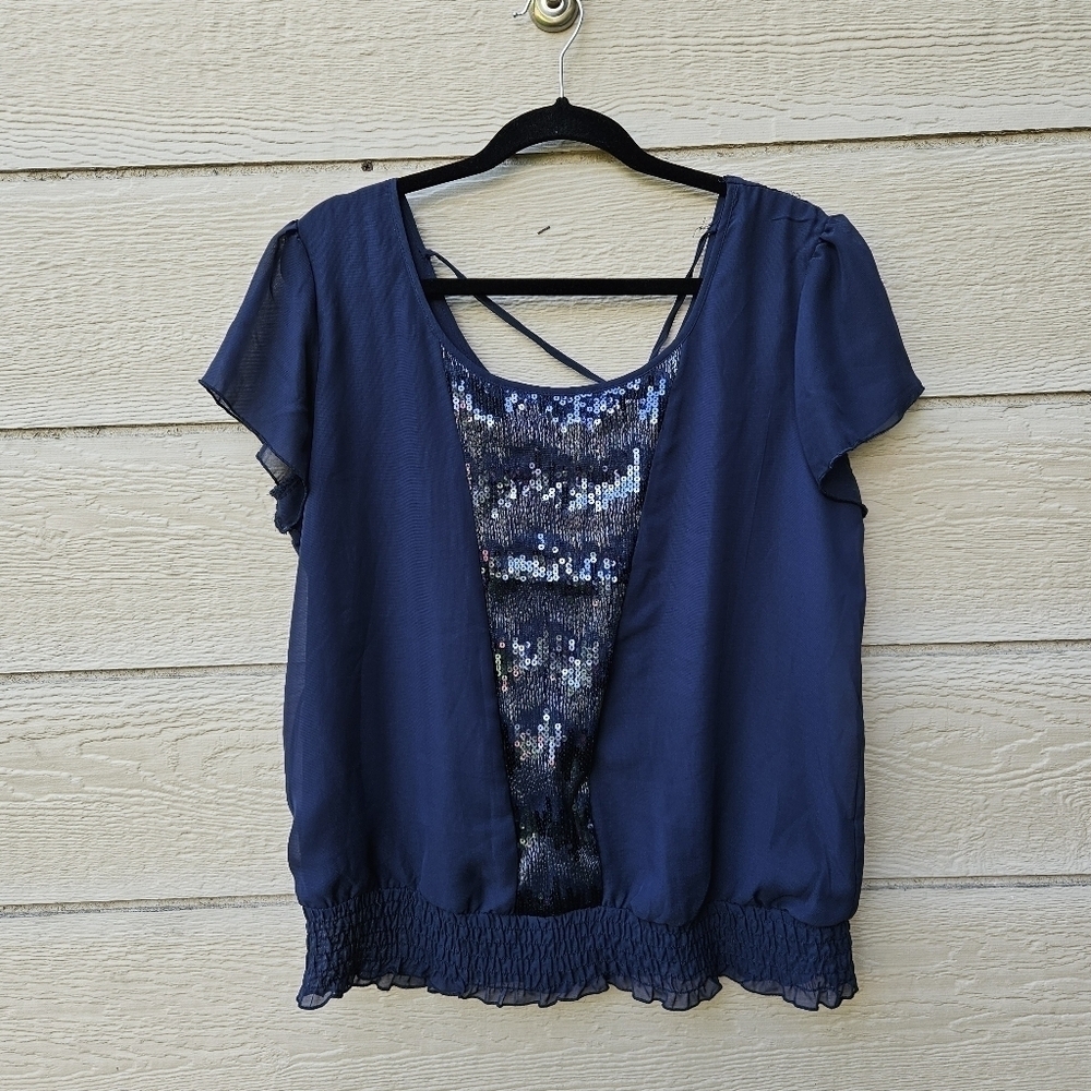 Studio Y Maurice's navy short sleeve blouse with sequin panel XL new with flaws